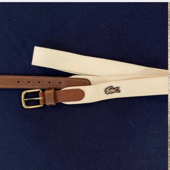 LACOSTE, Cotton and Leather belt, Size 34, Cream color. - Picture 1 of 2
